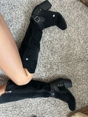 Chinese Laundry Black Suede Knee-High Block Heel Boots